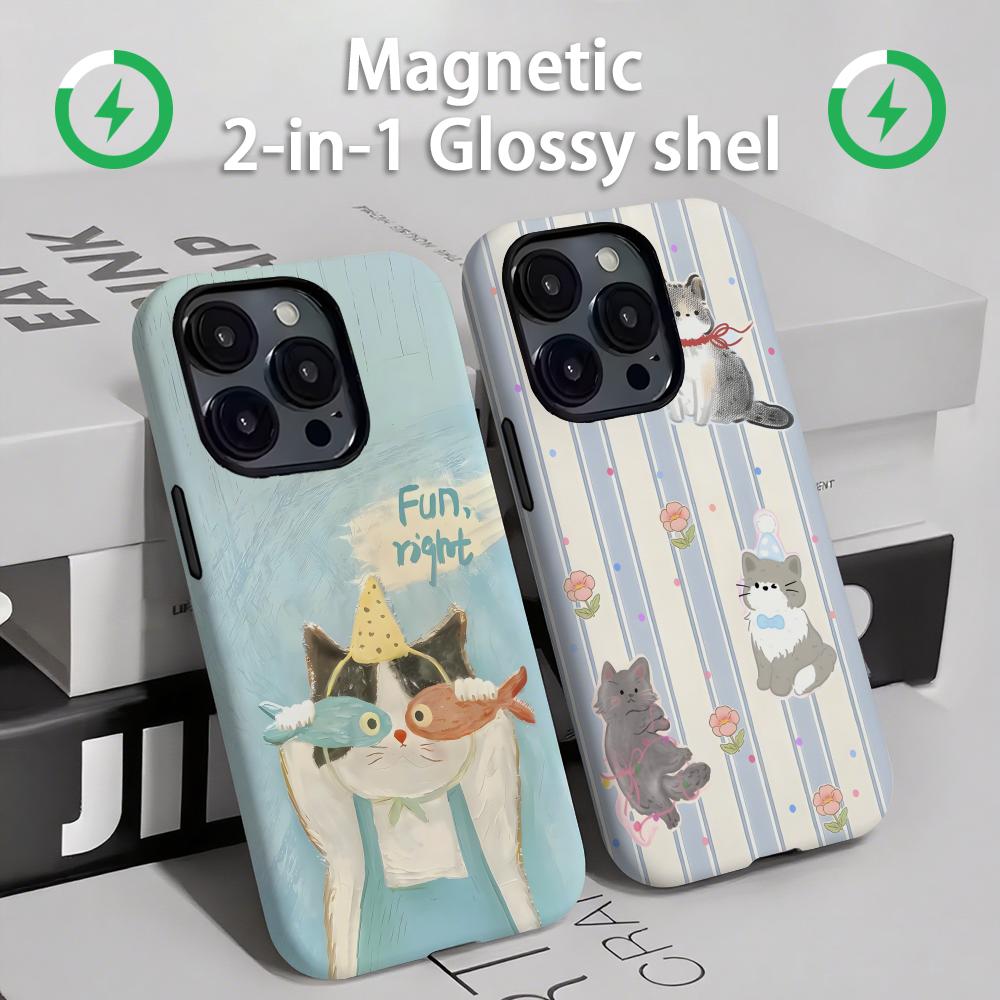 Phone Accessories Kiosk - แมวและสุนัขน่ารักเคสโทรศัพท์แม่เหล็ก 2-in-1 Glossy SHELL สําหรับ iPhone