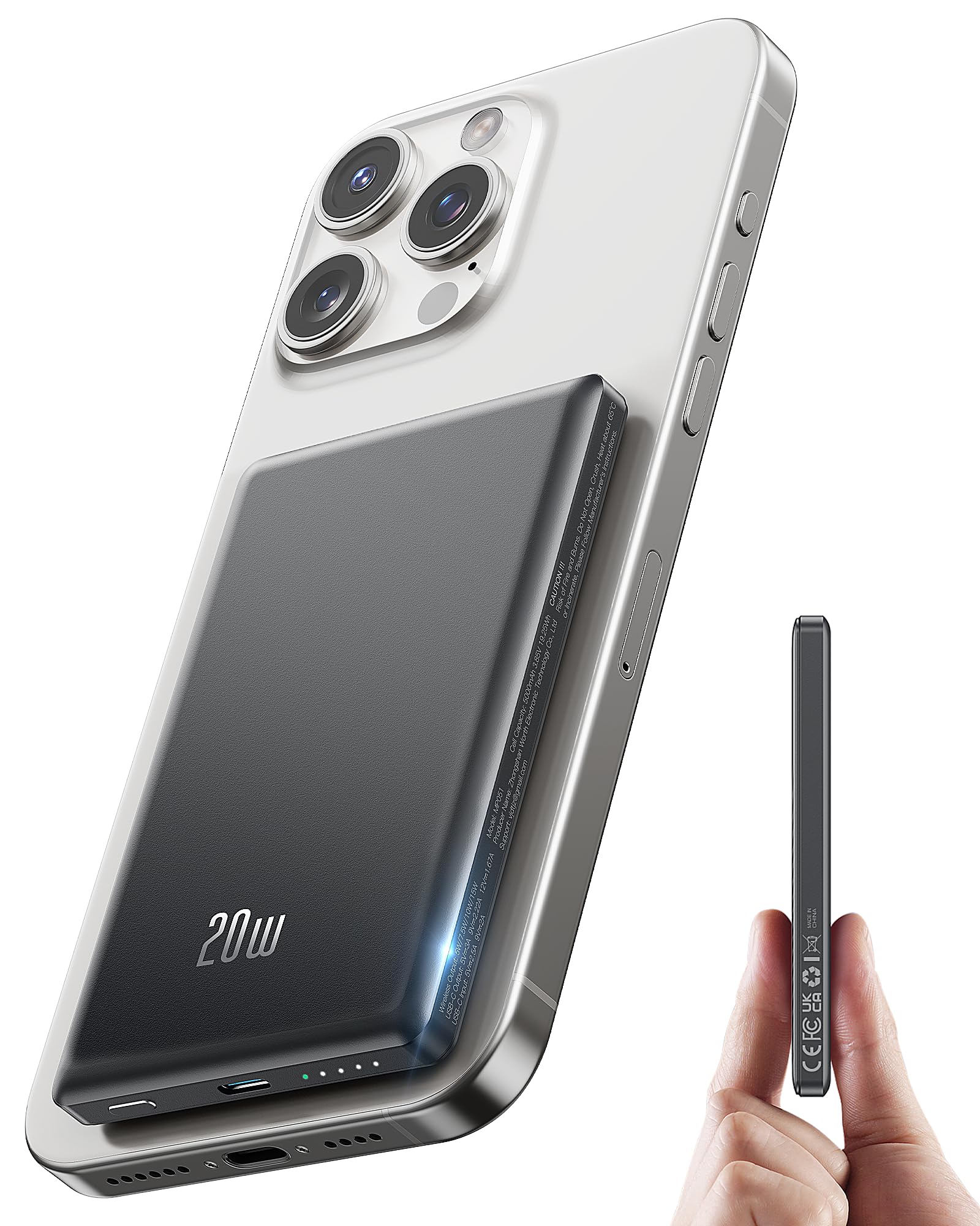 Power Bank Slim - แบตเตอรี่สำรองแม่เหล็ก 5000mAh, ชาร์จไร้สายและเร็ว 20W, สำหรับ iPhone,